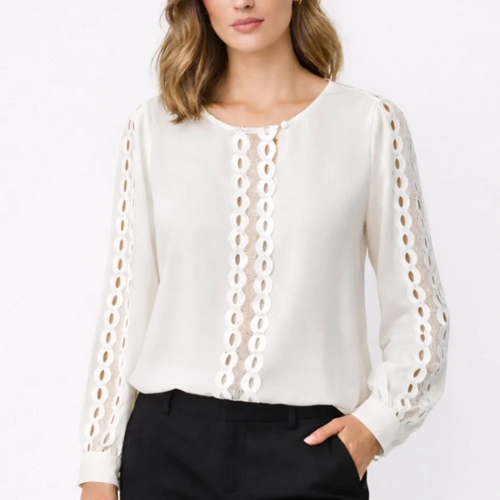 Anne Fontaine Silk Ivory Lace Trim Blouse Size Medium - Picture 2 of 12